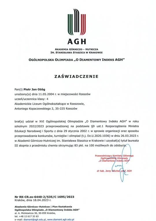 Zaświadczenie O Diamentowy Indeks AGH