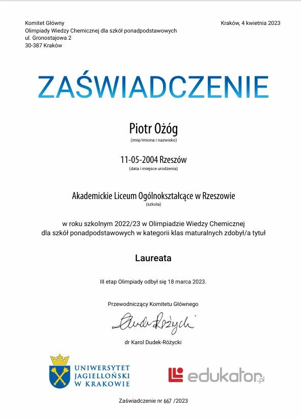 Zaświadczenie z Olimpiady Wiedzy Chemicznej