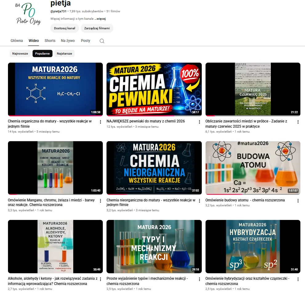 Kanał YouTube Piotra Ożoga z darmowymi materiałami do chemii