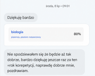 Wiadomość od Dominika z wynikiem 80% z biologii