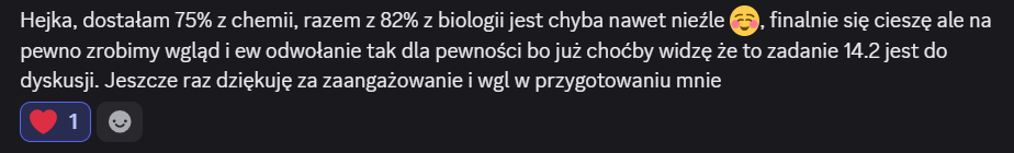 Wiadomość od Klaudii z wynikami 75% z chemii i 82% z biologii