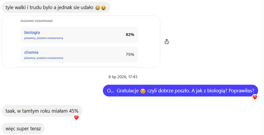 Wiadomość od Laury z wynikami 82% z biologii i 75% z chemii