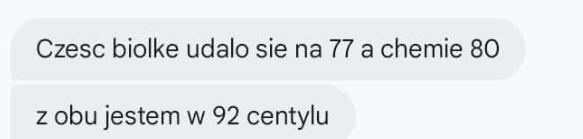 Wiadomość od Mikołaja z wynikami 77% z biologii i 80% z chemii