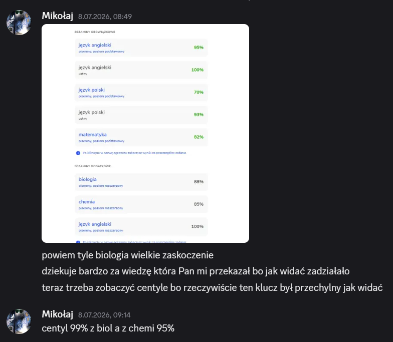 Wiadomość od Mikołaja z wynikami 88% z biologii i 85% z chemii oraz centylami