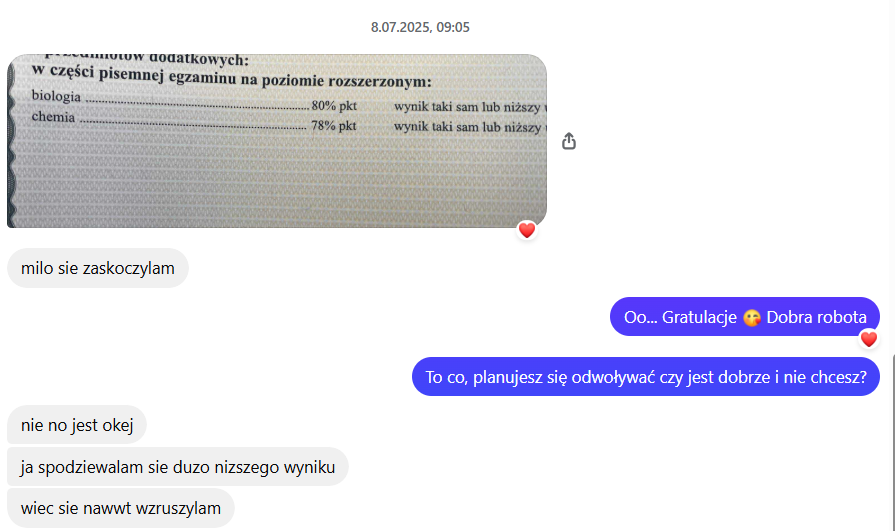 Wiadomość od Oliwii z wynikami 80 punktów z biologii i 78 punktów z chemii