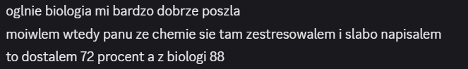 Wiadomość od Oskara z wynikami 72% z chemii i 88% z biologii